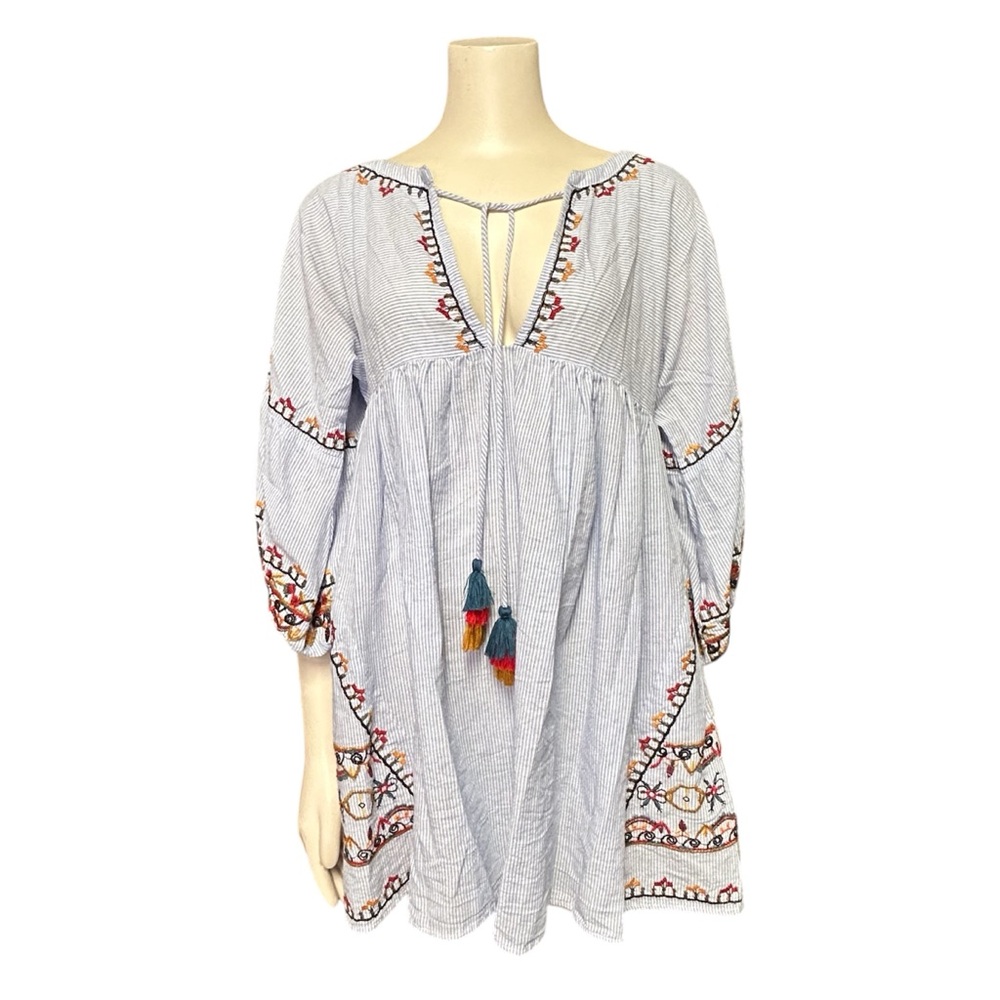 Goodnight Macaroon Babydoll Coverup‎ Dress Blue Stripe Embroidered Womens Small